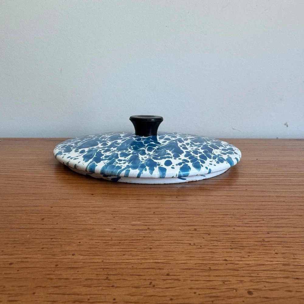 Antique Primitive Blue White Splatter Enamelware‎ Replacement Pot Lid Marbled